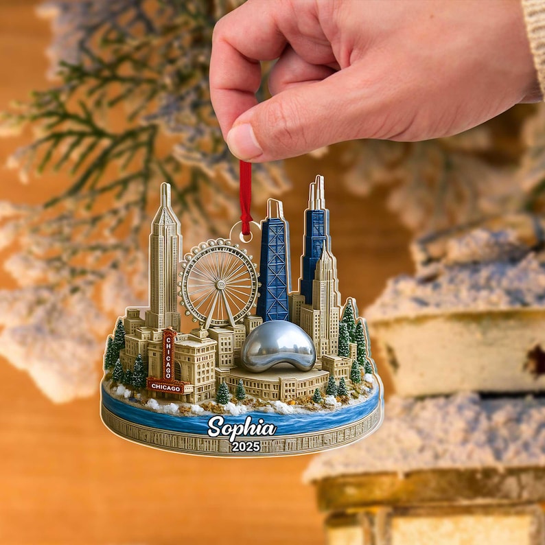 Custom Chicago City Acrylic Ornament 2D Flat, Skyline Landmark Christmas Ornament, Travel Souvenir Gift 2025, Chicago City Travel Gift