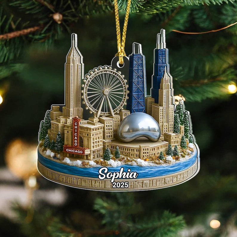 Custom Chicago City Acrylic Ornament 2D Flat, Skyline Landmark Christmas Ornament, Travel Souvenir Gift 2025, Chicago City Travel Gift
