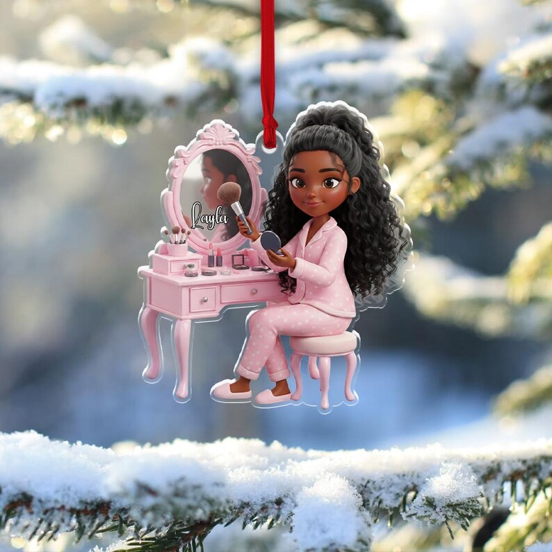 Personalized Makeup Girl Ornament Custom Name Vanity Table Pajama Style Christmas Gift