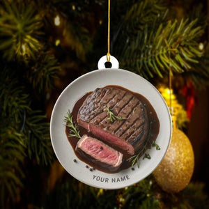 Personalized Grilled Steak Christmas Ornament, Custom Name BBQ Pitmaster Gift, Unique Meat Lover Kitchen Decor, Foodie Xmas Tree Hanging
