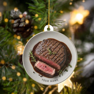 Personalized Grilled Steak Christmas Ornament, Custom Name BBQ Pitmaster Gift, Unique Meat Lover Kitchen Decor, Foodie Xmas Tree Hanging