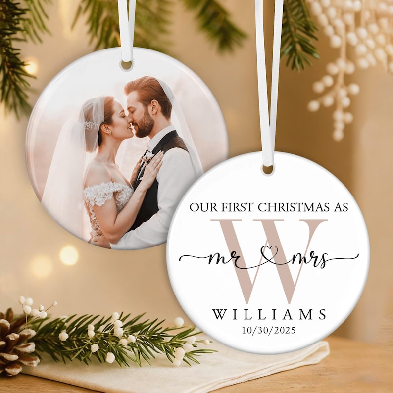 Personalized First Christmas Married Ornament, Custom Photo Couple Ornament, Our First Christmas As Mr & Mrs Ornament, Gift for Newlywed