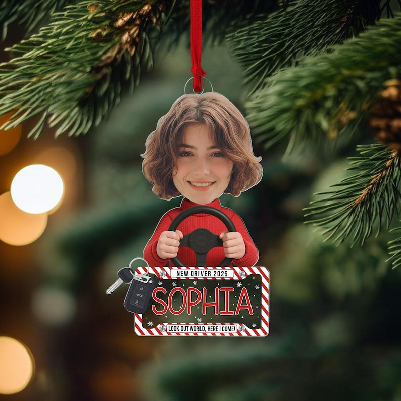 Custom Photo New Driver in Red Hoodie, Personalized 2D Flat Acrylic Ornament, Christmas Gift For New Drivers