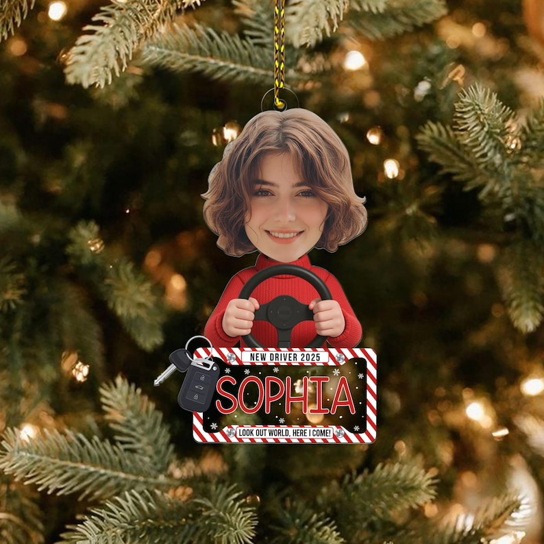 Custom Photo New Driver in Red Hoodie, Personalized 2D Flat Acrylic Ornament, Christmas Gift For New Drivers