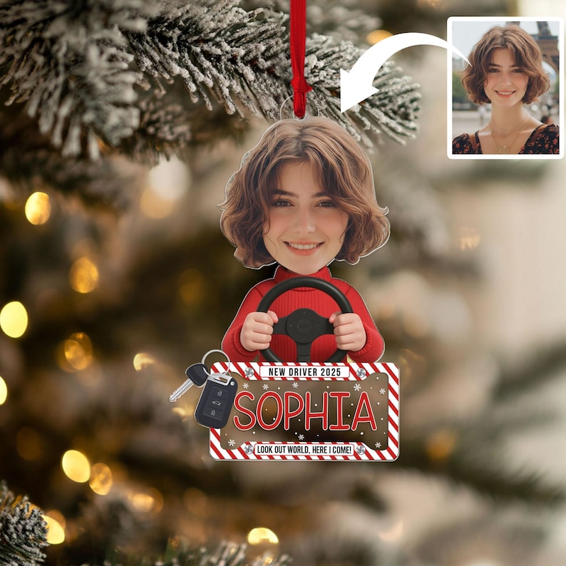 Custom Photo New Driver in Red Hoodie, Personalized 2D Flat Acrylic Ornament, Christmas Gift For New Drivers