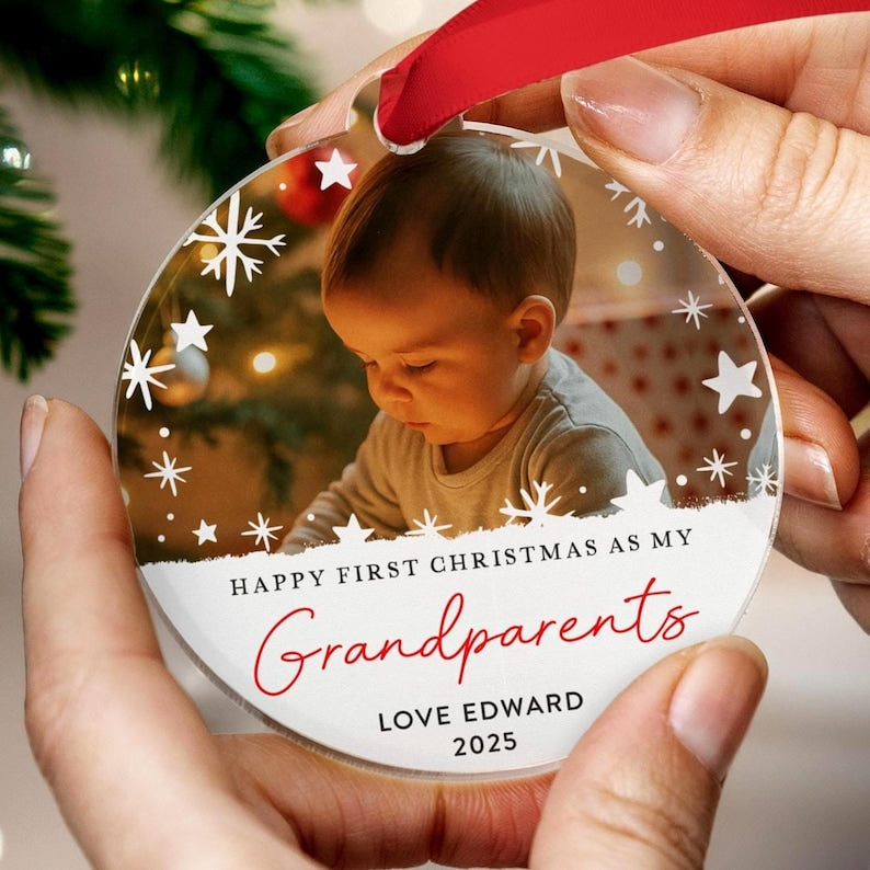 Baby First Christmas Ornament for Grandparents, Personalised Photo Bauble, Custom Keepsake Gift 2025, Newborn Tree Decoration, Acrylic Xmas