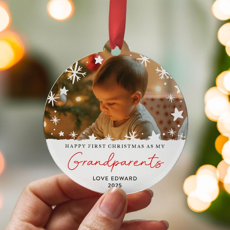 Baby First Christmas Ornament for Grandparents, Personalised Photo Bauble, Custom Keepsake Gift 2025, Newborn Tree Decoration, Acrylic Xmas