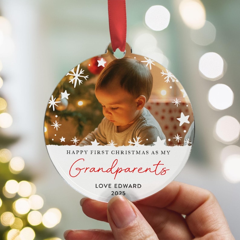 Baby First Christmas Ornament for Grandparents, Personalised Photo Bauble, Custom Keepsake Gift 2025, Newborn Tree Decoration, Acrylic Xmas