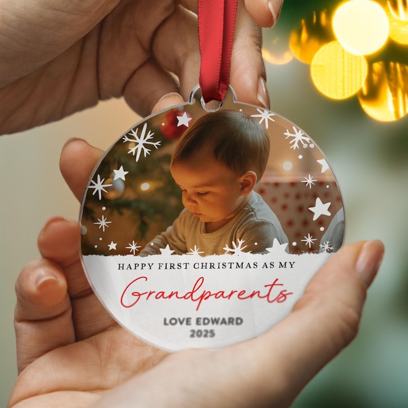 Baby First Christmas Ornament for Grandparents, Personalised Photo Bauble, Custom Keepsake Gift 2025, Newborn Tree Decoration, Acrylic Xmas