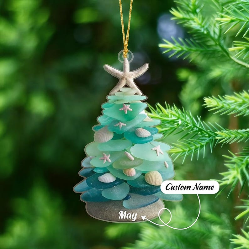 Personalized Sea Glass Christmas Tree Ornament, Custom Coastal Xmas Decor, Ocean Inspired Gift for Beach Lovers 2D flat acrylic keepsake