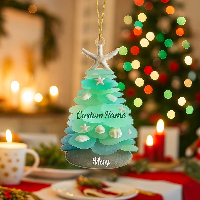 Personalized Sea Glass Christmas Tree Ornament, Custom Coastal Xmas Decor, Ocean Inspired Gift for Beach Lovers 2D flat acrylic keepsake