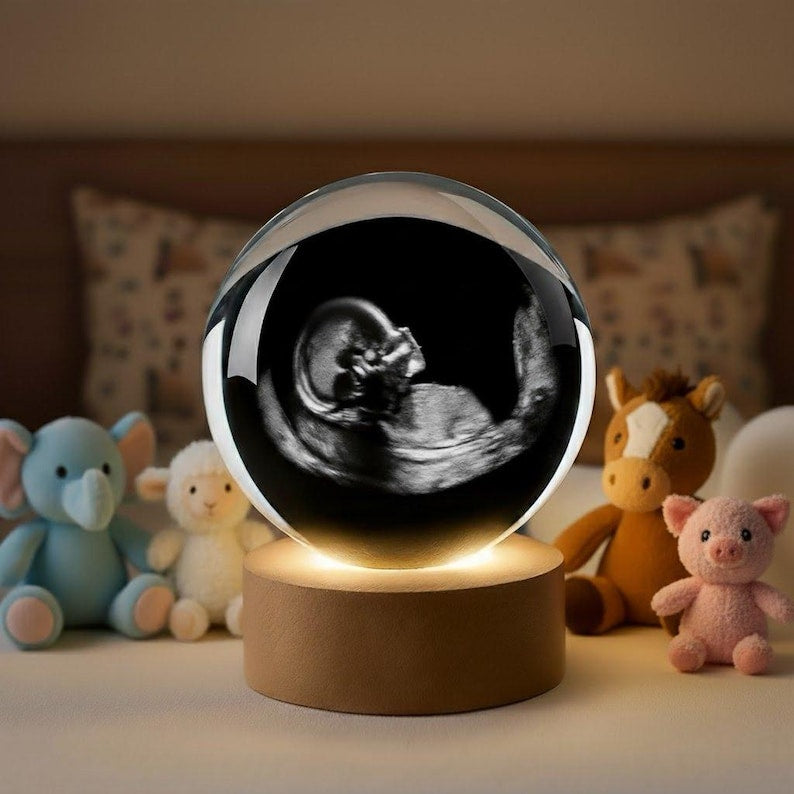 Personalized Ultrasound Crystal Ball Lamp, Engraved Wood Base, Keepsake Gift