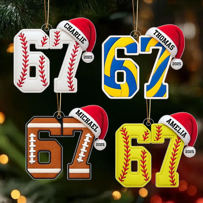 Custom Name 67 Sport Acrylic Ornament, Soccer Baseball Volleyball Basketball Ornament, Six Seven Ornament Gen Alpha Humor, 67 Meme Ornament