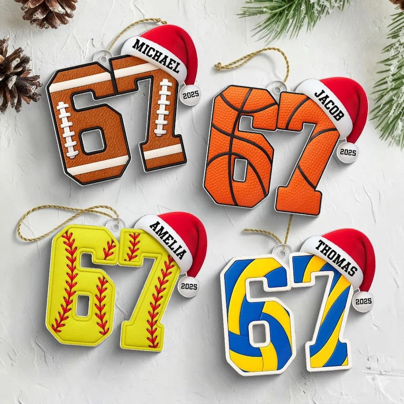 Custom Name 67 Sport Acrylic Ornament, Soccer Baseball Volleyball Basketball Ornament, Six Seven Ornament Gen Alpha Humor, 67 Meme Ornament