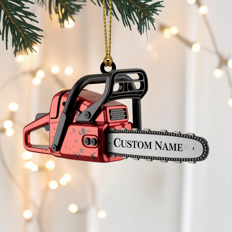 Personalized Chainsaw Christmas Ornament, Custom Name Tool Design, Unique Gift for Lumberjacks Woodworkers and Outdoor Enthusiasts