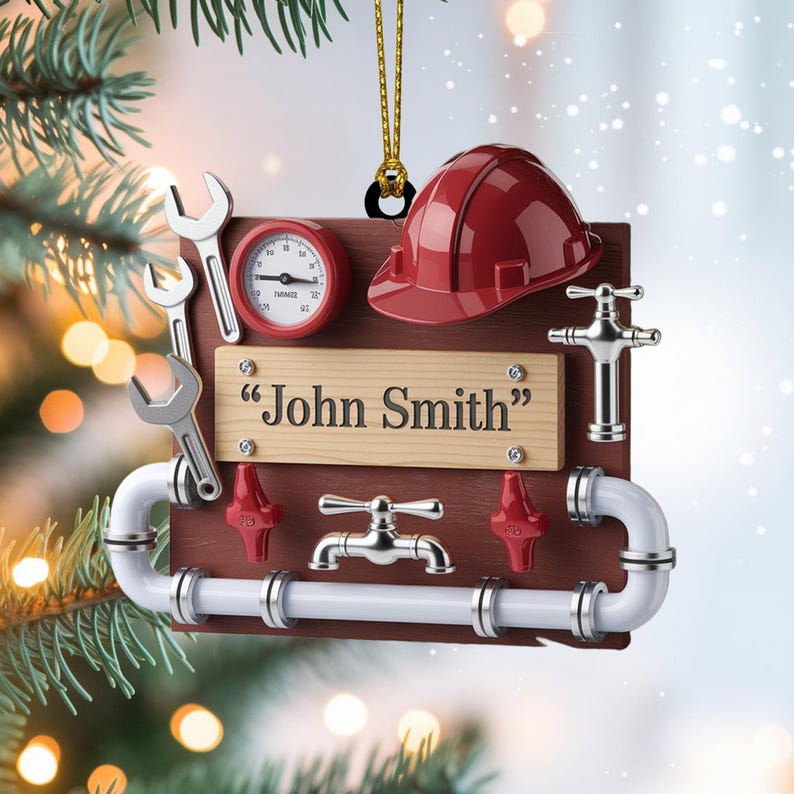 Personalized Plumber Christmas Ornament, Custom Name Tool Board with Pipes and Hard Hat, Unique Gift for Plumbing Technicians and Handymen