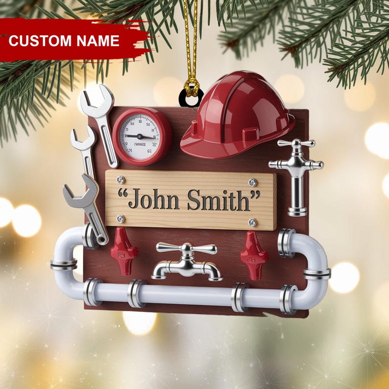Personalized Plumber Christmas Ornament, Custom Name Tool Board with Pipes and Hard Hat, Unique Gift for Plumbing Technicians and Handymen