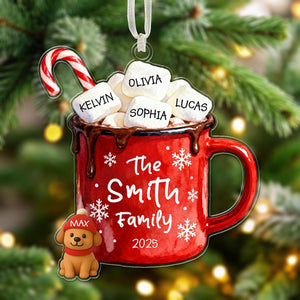 Custom Family Pet Christmas Ornament, Personalized Christmas Tree Decoration Names, Family Christmas Keepsake Gift, Hot Cocoa Cup Ornament