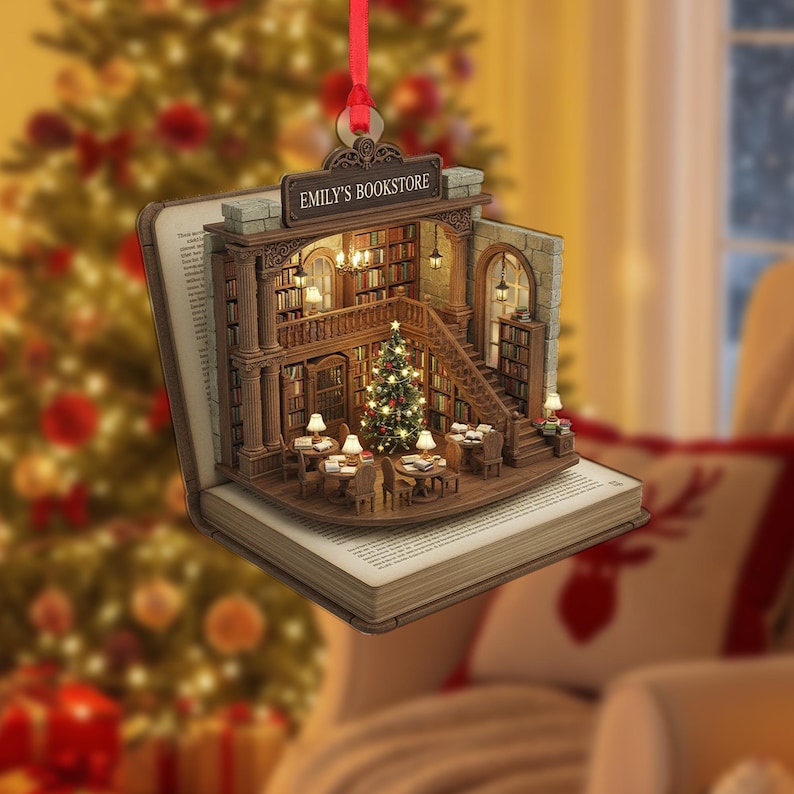 Personalized Bookstore Diorama Ornament - Library Christmas Gift for Book Lovers