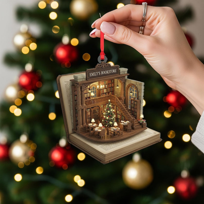 Personalized Bookstore Diorama Ornament - Library Christmas Gift for Book Lovers
