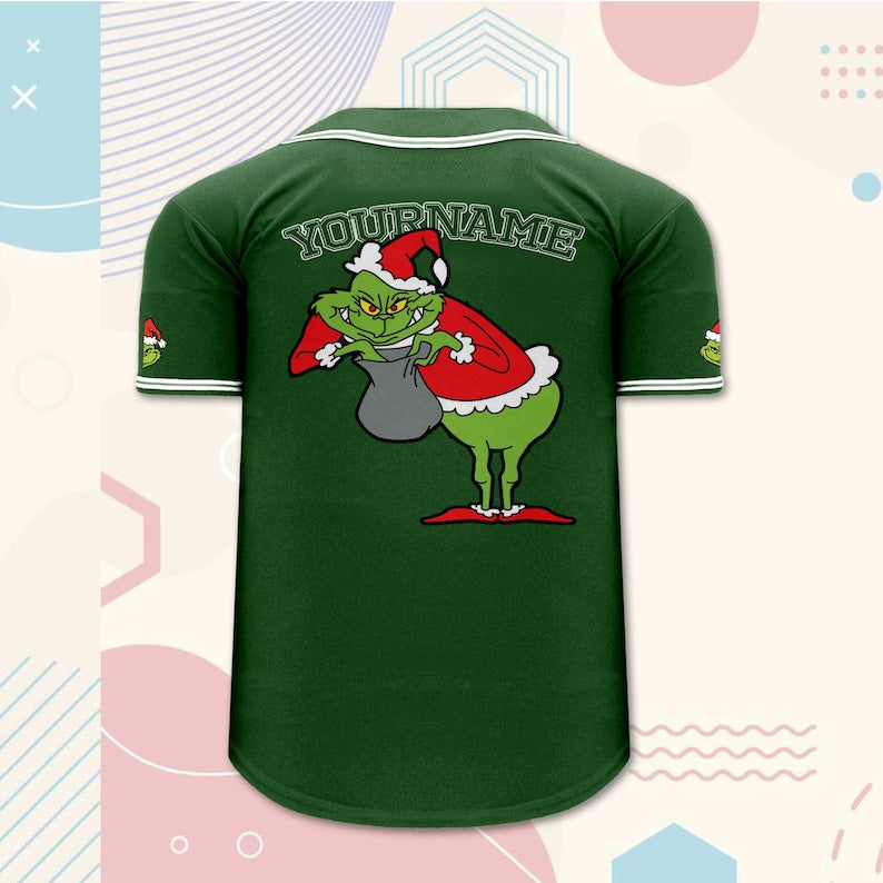 Custom The Grinch Baseball Jersey, Personalized Christmas Shirt with Name and Number, Kids Youth Adult Sizes, Funny Holiday Outfit Gift