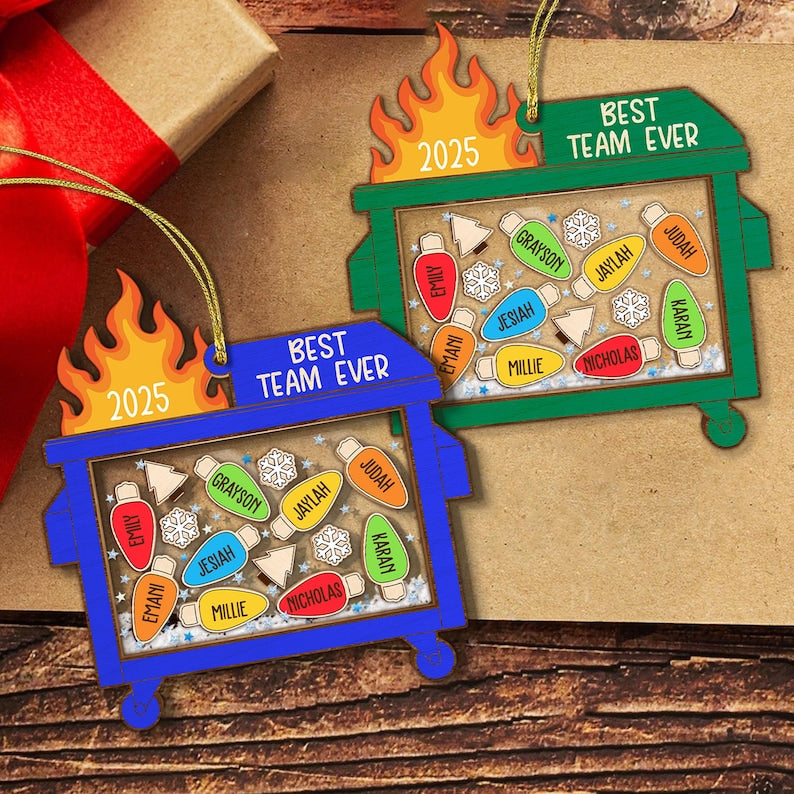 Personalized Shaker Dumpster Fire Best Team Ever Ornament: Funny Coworker Gift