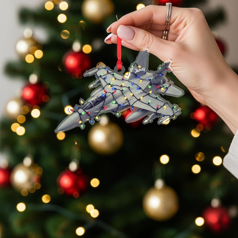 PERSONALIZED Fighter Jet Xmas Ornament, Custom Name Military Aviation Gift, Pilot Air Force Holiday Tree Decor, Acrylic Aircraft Keepsake
