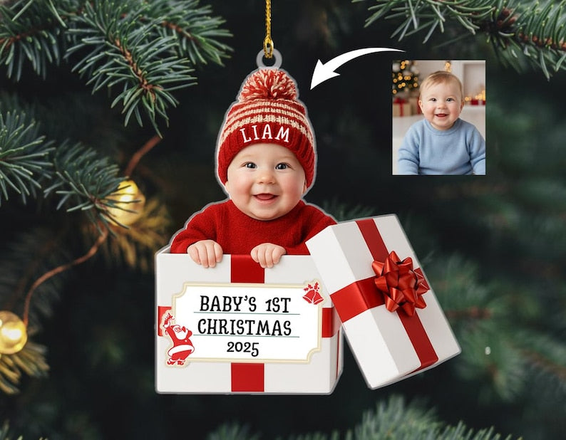 Personalized Baby Photo Christmas Ornament, my first christmas ornament, Baby Christmas Gift Box 2D Flat Acrylic Ornament