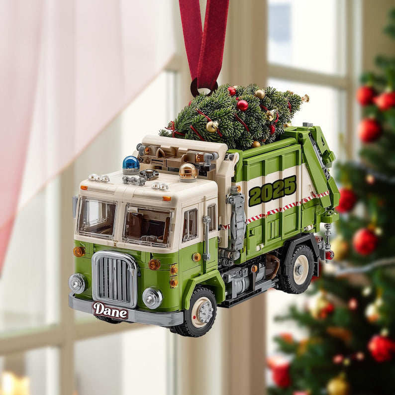 Garbage Truck Christmas Ornament, Green Sanitation Truck with Christmas Tree, Personalized Name Year, Recycling Worker Gift, Holiday 2025