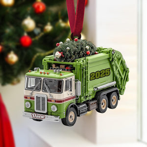 Garbage Truck Christmas Ornament, Green Sanitation Truck with Christmas Tree, Personalized Name Year, Recycling Worker Gift, Holiday 2025