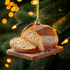 Bread Loaf Christmas Ornament, Artisan Sourdough on Wooden Board, Personalized Name Year, Baker Gift, Kitchen Style, Xmas Tree Decor 2025