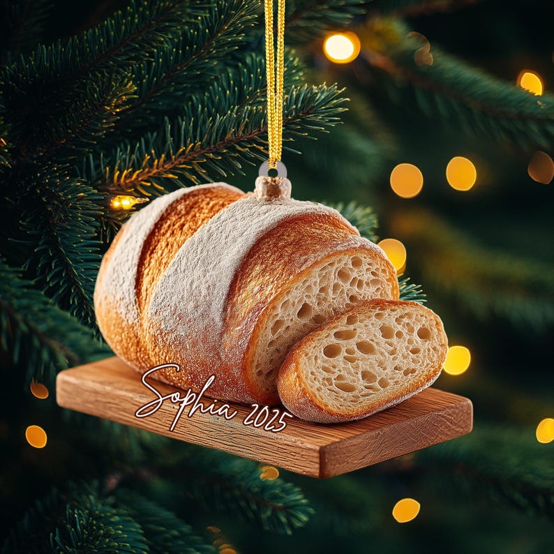 Bread Loaf Christmas Ornament, Artisan Sourdough on Wooden Board, Personalized Name Year, Baker Gift, Kitchen Style, Xmas Tree Decor 2025