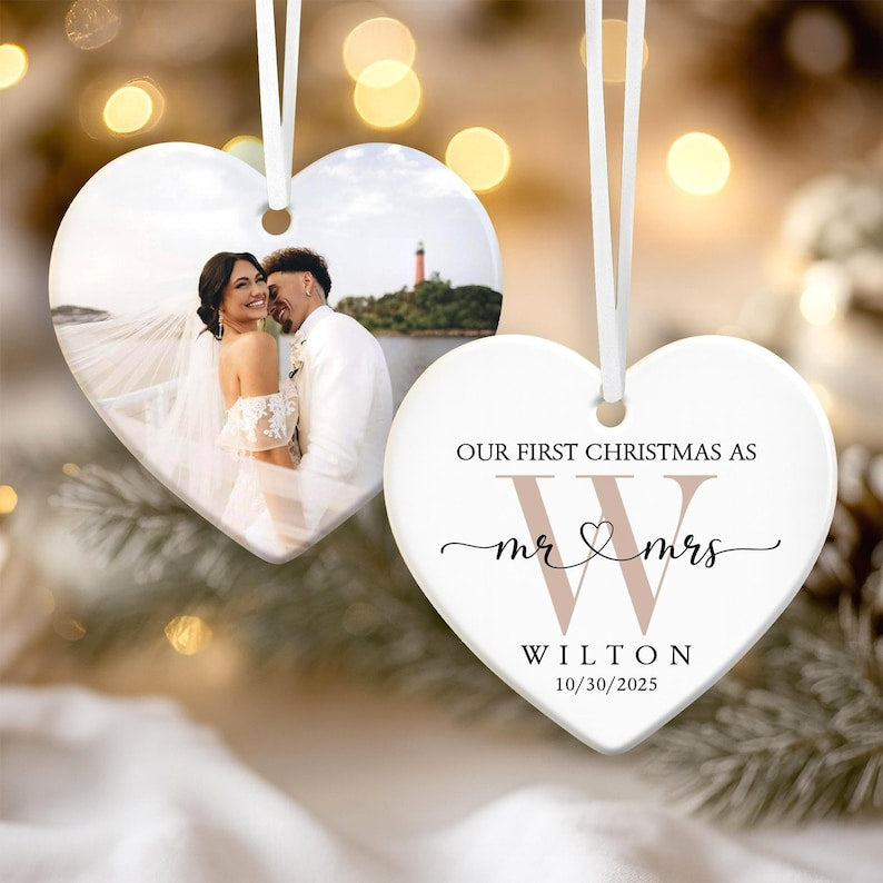 Personalized First Christmas Married Ornament, Custom Photo Couple Ornament, Our First Christmas As Mr & Mrs Ornament, Gift for Newlywed