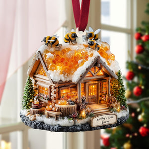 Bee Honey Cabin Christmas Ornament, Lighted Log House with Honeycomb Roof & Bees, Personalized Name Year, Cozy Winter Xmas Village 2025