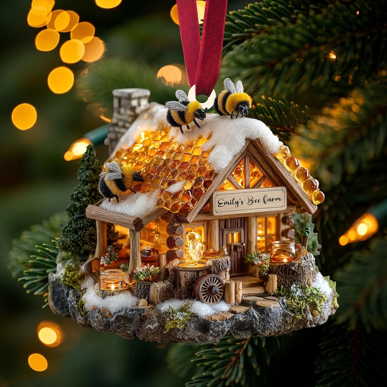 Bee Honey Cabin Christmas Ornament, Lighted Log House with Honeycomb Roof & Bees, Personalized Name Year, Cozy Winter Xmas Village 2025