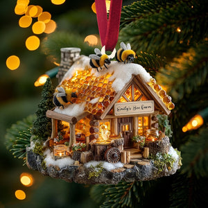 Bee Honey Cabin Christmas Ornament, Lighted Log House with Honeycomb Roof & Bees, Personalized Name Year, Cozy Winter Xmas Village 2025