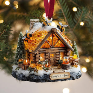 Bee Honey Cabin Christmas Ornament, Lighted Log House with Honeycomb Roof & Bees, Personalized Name Year, Cozy Winter Xmas Village 2025