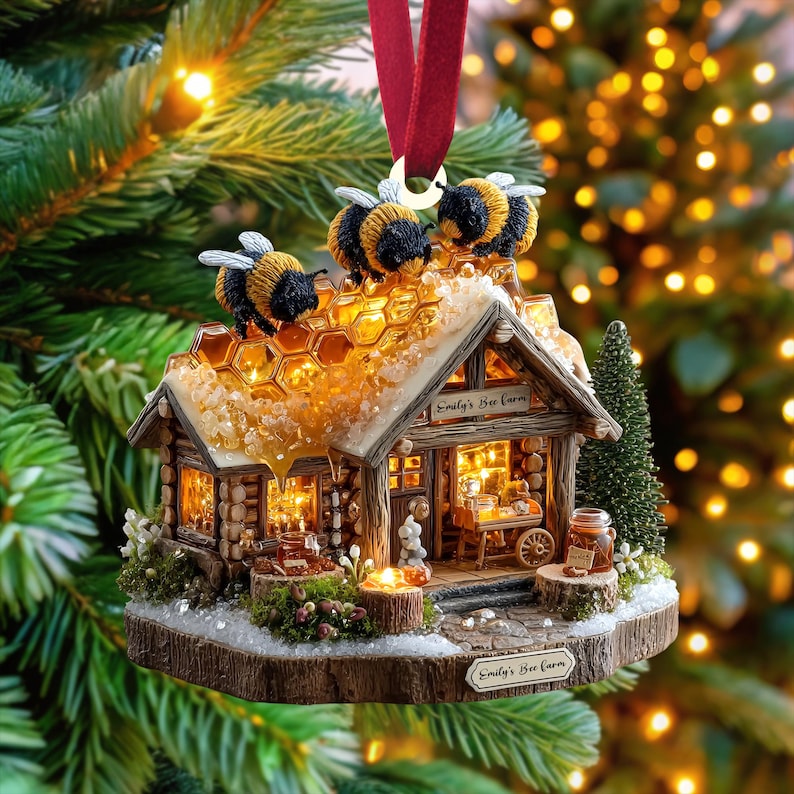 Bee Honey Cabin Christmas Ornament, Lighted Log House with Honeycomb Roof & Bees, Personalized Name Year, Cozy Winter Xmas Village 2025
