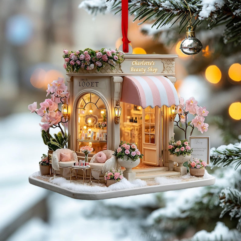 Parisian Beauty Boutique Christmas Ornament, Blush Awning Lanterns, Pink Orchids & Roses, Personalized Name Year, Xmas Village 2025