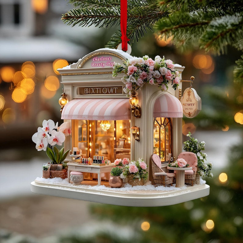 Parisian Beauty Boutique Christmas Ornament, Blush Awning Lanterns, Pink Orchids & Roses, Personalized Name Year, Xmas Village 2025