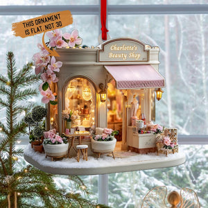 Parisian Beauty Boutique Christmas Ornament, Blush Awning Lanterns, Pink Orchids & Roses, Personalized Name Year, Xmas Village 2025