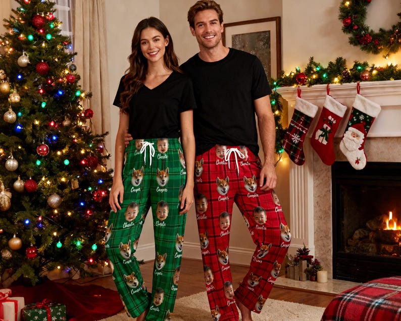 Personalized Dogs Xmas Pants, Custom Face Pajama Pants, Custom Pet Portrait Pajama pants, Christmas Pajama Pants, family christmas Pants