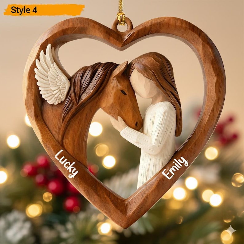 Personalized 2D Flat Faux Wood - Carving Horse Lover Acrylic Ornament Custom Girl and Horse Heart Ornament, Keepsake Gift for Equestrians