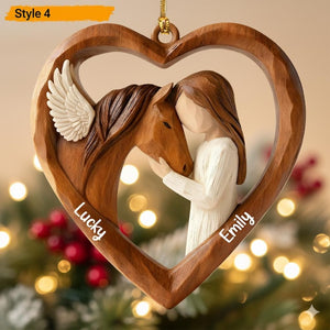 Personalized 2D Flat Faux Wood - Carving Horse Lover Acrylic Ornament Custom Girl and Horse Heart Ornament, Keepsake Gift for Equestrians