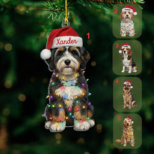 Custom Name Bernedoodle With Santa Hat Christmas Lights Ornament, Personalized Pet Name Decoration, Christmas Tree Decor, Christmas Ornament