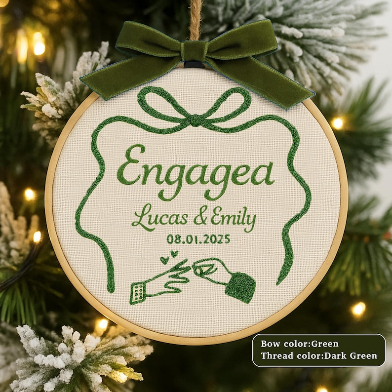 Personalized Wedding Ornament | Embroidered Engagement Hoop | Bow & Thread Color | Christmas Gift for Newlyweds 2025| Engaged 2025 Keepsake