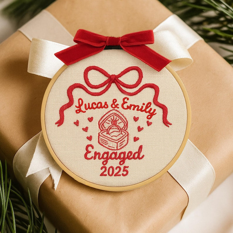 Personalized Wedding Ornament | Embroidered Engagement Hoop | Bow & Thread Color | Christmas Gift for Newlyweds 2025| Engaged 2025 Keepsake