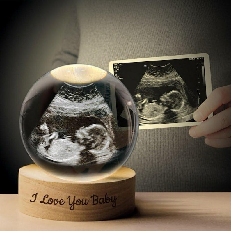 Personalized Ultrasound Crystal Ball Lamp, Engraved Wood Base, Keepsake Gift