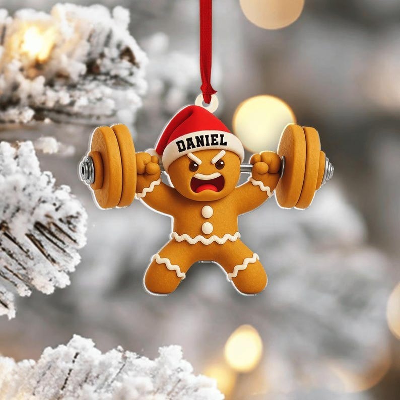 2D Personalized Gingerbread Weightlifting Ornament, Gym Christmas Gift, Custom Fitness Ornament, Bodybuilder Xmas Decor, Workout Ornament