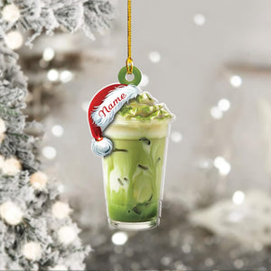 Personalized Matcha Latte Ornament, Custom Name Christmas Drink Ornament, Santa Hat Iced Matcha Holiday Tree Decoration